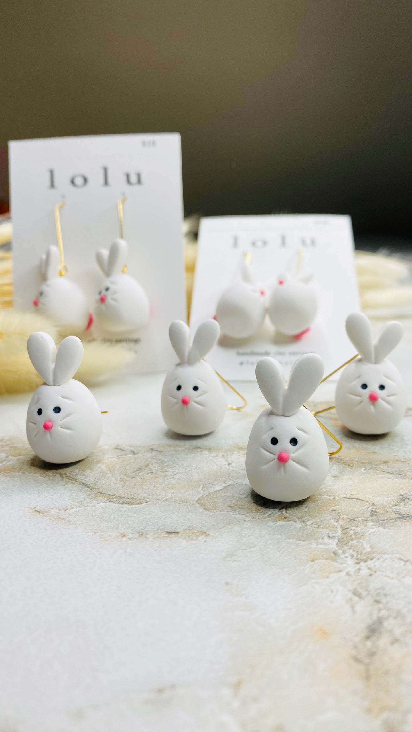 White Egg Bunnies Clay Earrings