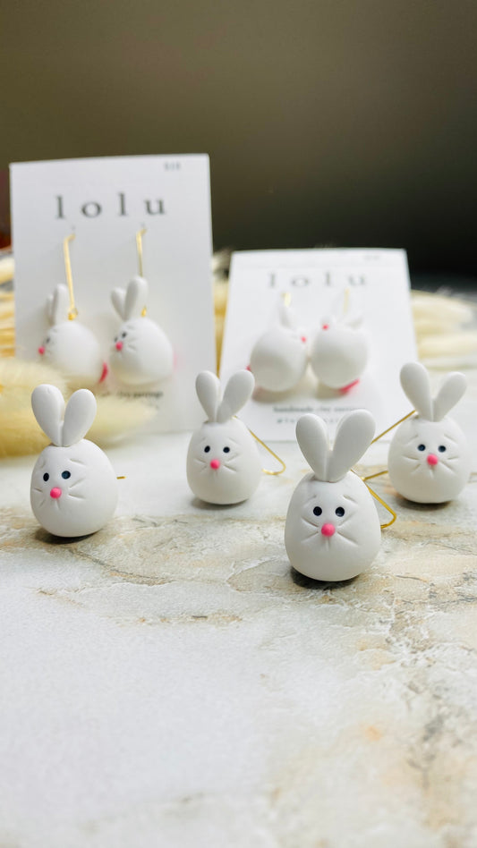 White Egg Bunnies Clay Earrings