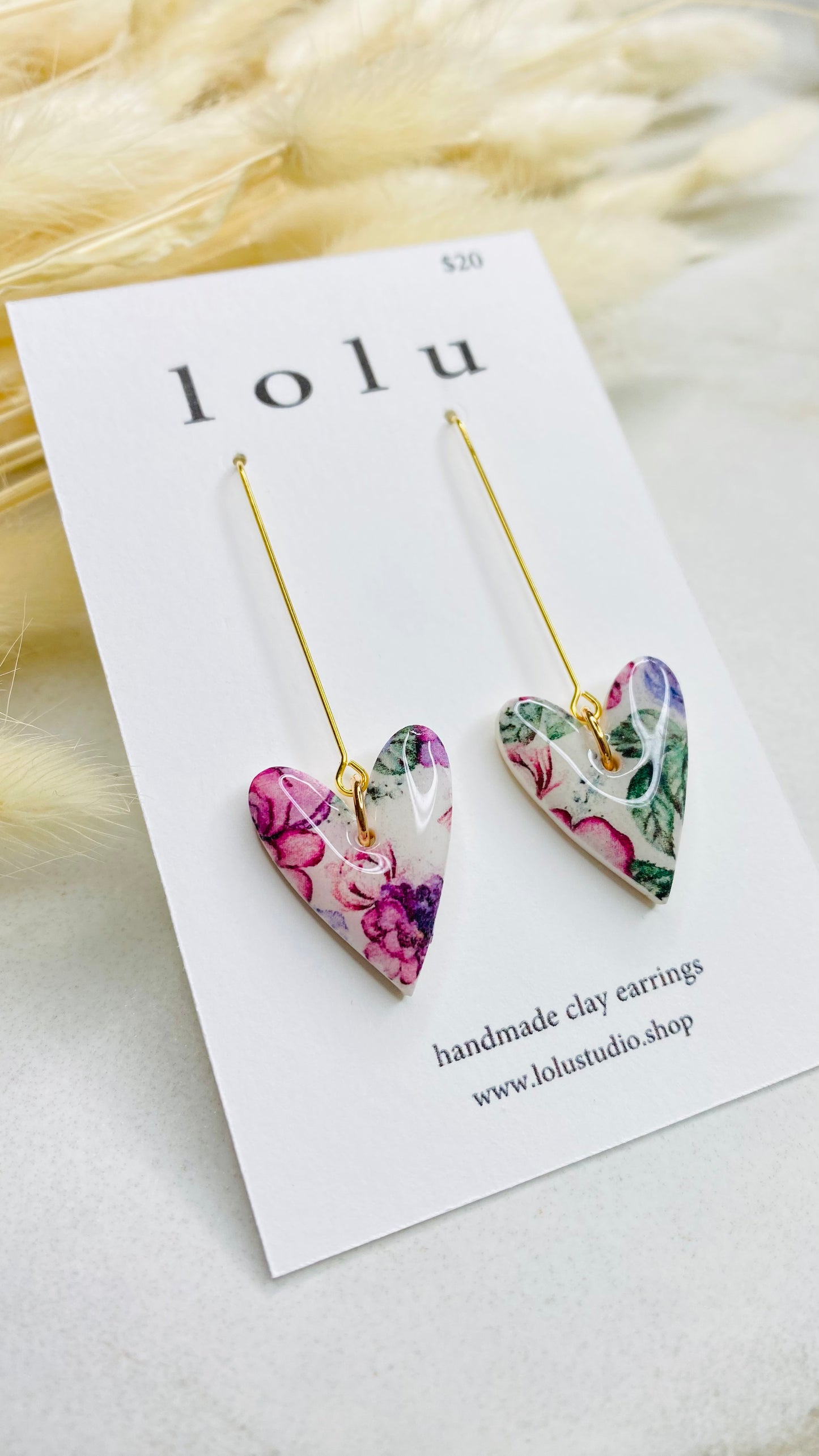 Heart Flower Watercolor Clay Earrings