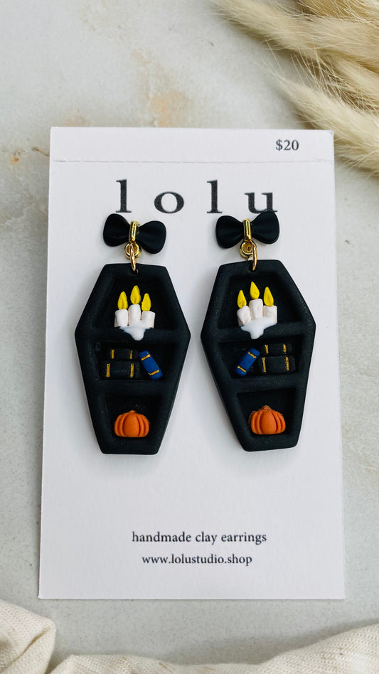 Coffin Bookshelf Clay Earrings