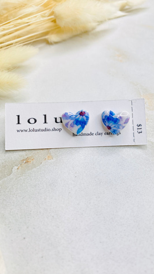 Blue Watercolor Flowers Studs Clay Earrings