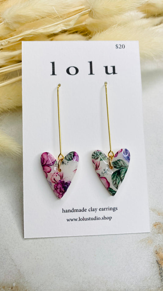 Heart Flower Watercolor Clay Earrings