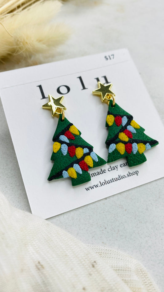 Christmas Tree with Lights Clay Earrings