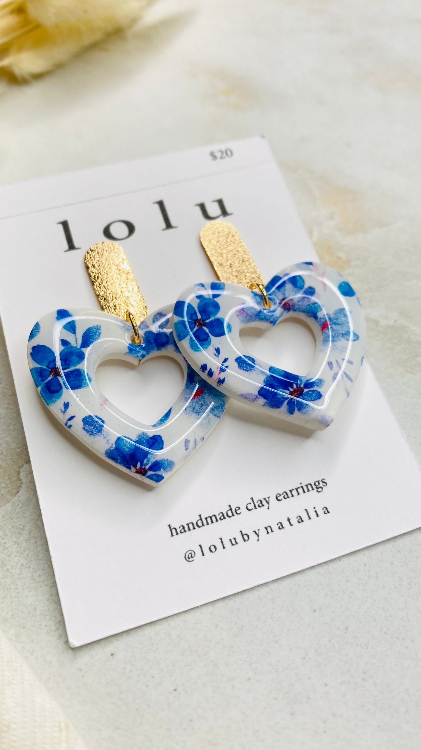 Blue Donut Heart Watercolor Flowers Valentine Clay Earrings