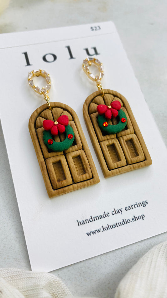 Festive Christmas Door with Wreath Clay Earrings